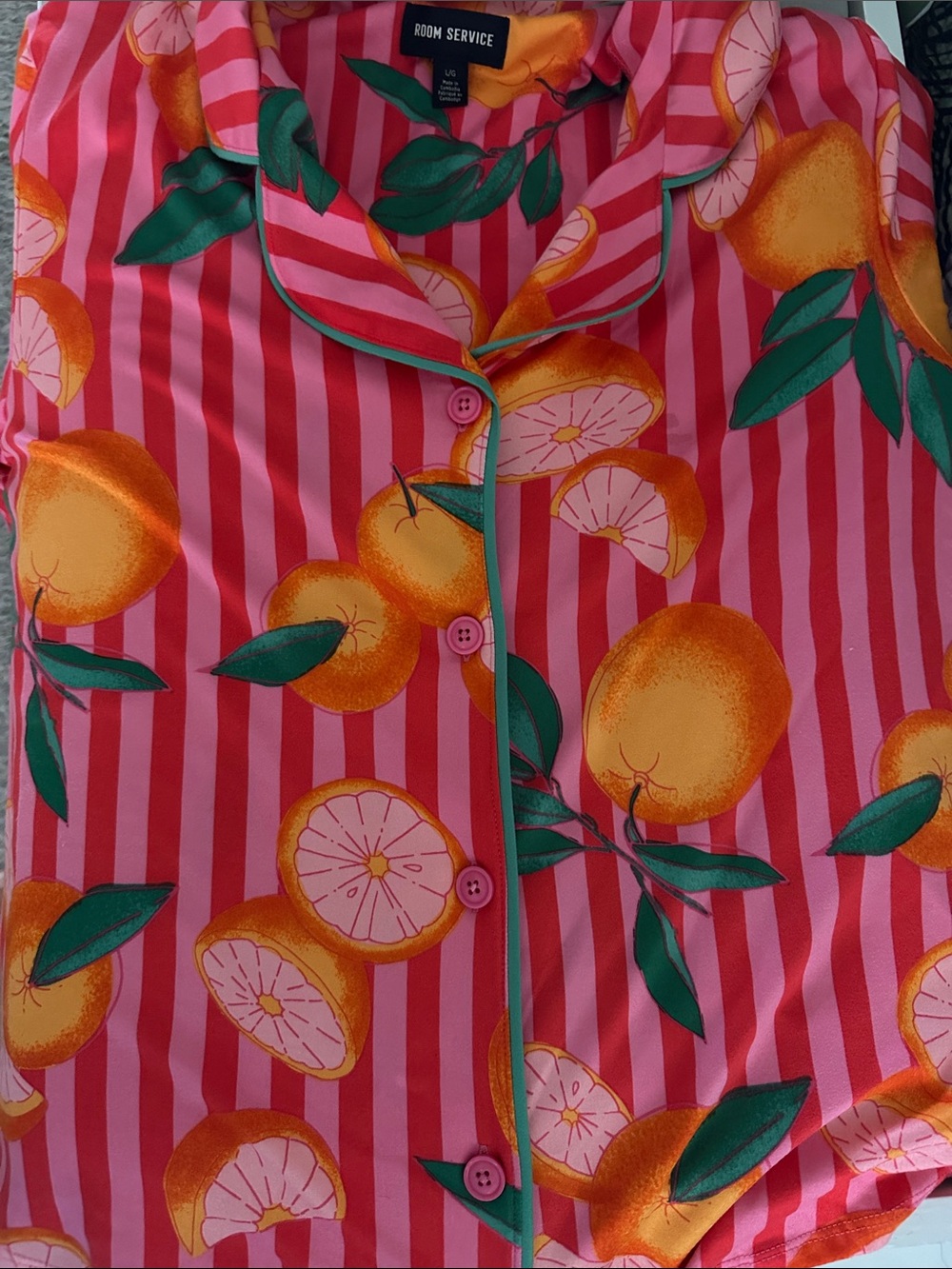 WOMEN’S Pink Citrus-Print Short Sleeve Button Front Top - Picture 10 of 10